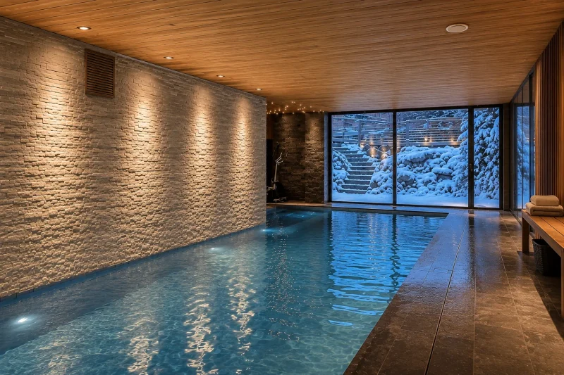 La piscine intérieure, mur de pierre et baie vitrée